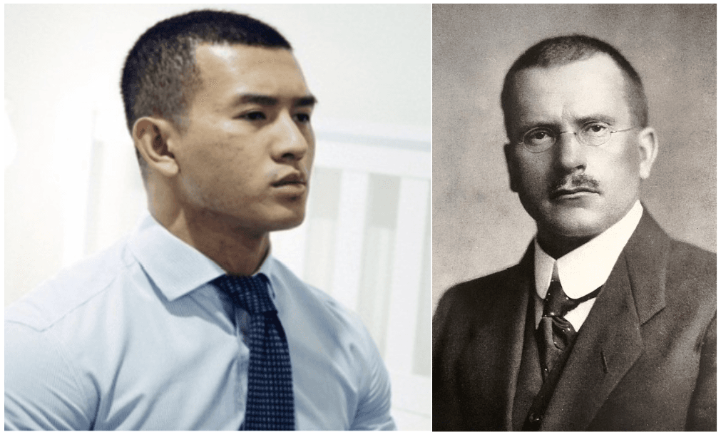 Two portraits side by side. On the left, a photograph taken in March 2017: a young man in a pale blue shirt and dark patterned tie, head turned slightly to his right. On the right, a historical portrait of Carl Jung in a dark three piece suit and tie, head turned at a similar angle. The two share a close cropped hairline, a similar brow and jaw line, and the same three quarter turn away from the camera.