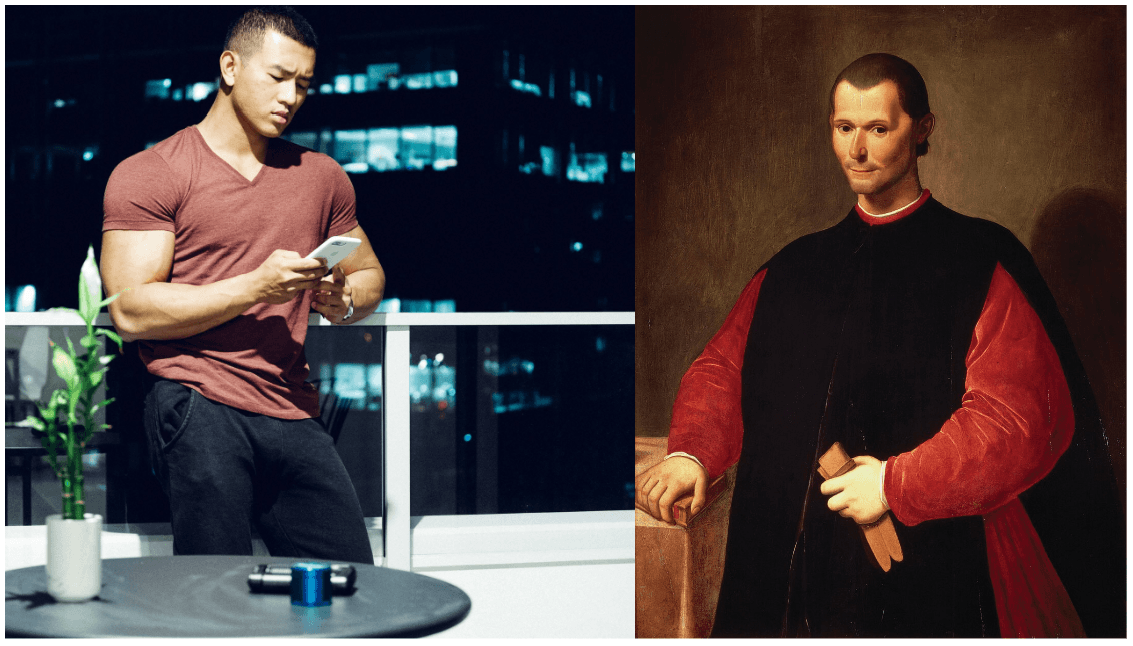Two portraits side by side. On the left, a photograph taken in 2017 at night on a balcony: a man in a maroon v neck t shirt stands looking down at the phone held in both hands, an office tower of lit windows behind him. On the right, Santi di Tito's portrait of Niccolò Machiavelli in a black robe with deep red sleeves, hands held together in front of him, eyes lowered. The two share the downward gaze, the hands brought together at the same height, the same dark over red colour pairing, and the same three quarter framing from the waist up.